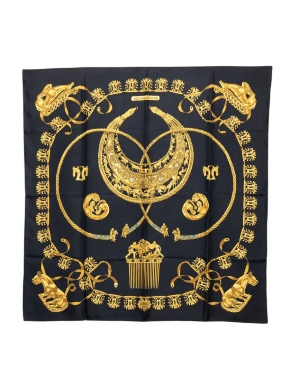 Hermes les Cavaliers D'or Yellow Gold Knight Scarf Black Silk